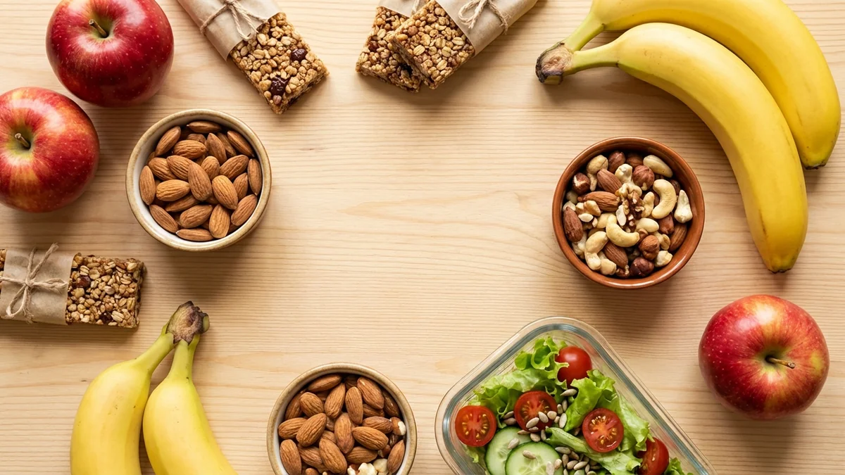 Gesunde Snacks fuers Büro: Obst, Nüsse und Salat