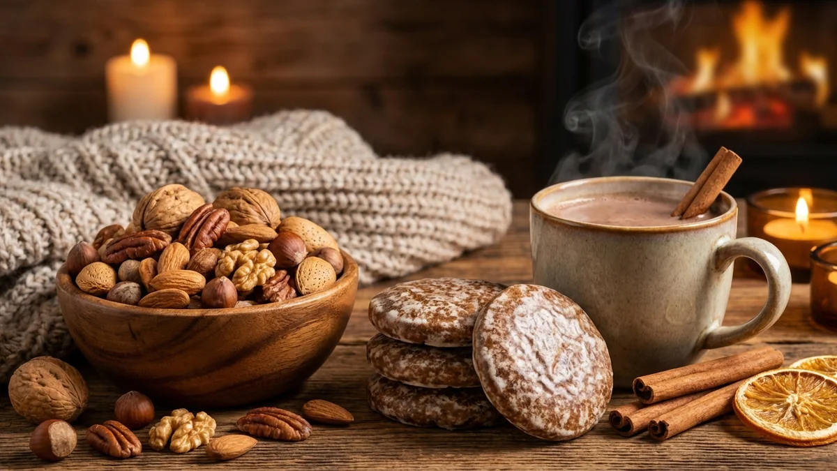 Saisonale Herbst- und Winter-Snacks mit Lebkuchen und heißem Kakao