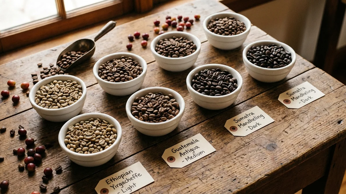 Verschiedene Kaffeebohnen-Röstungen in Schalen