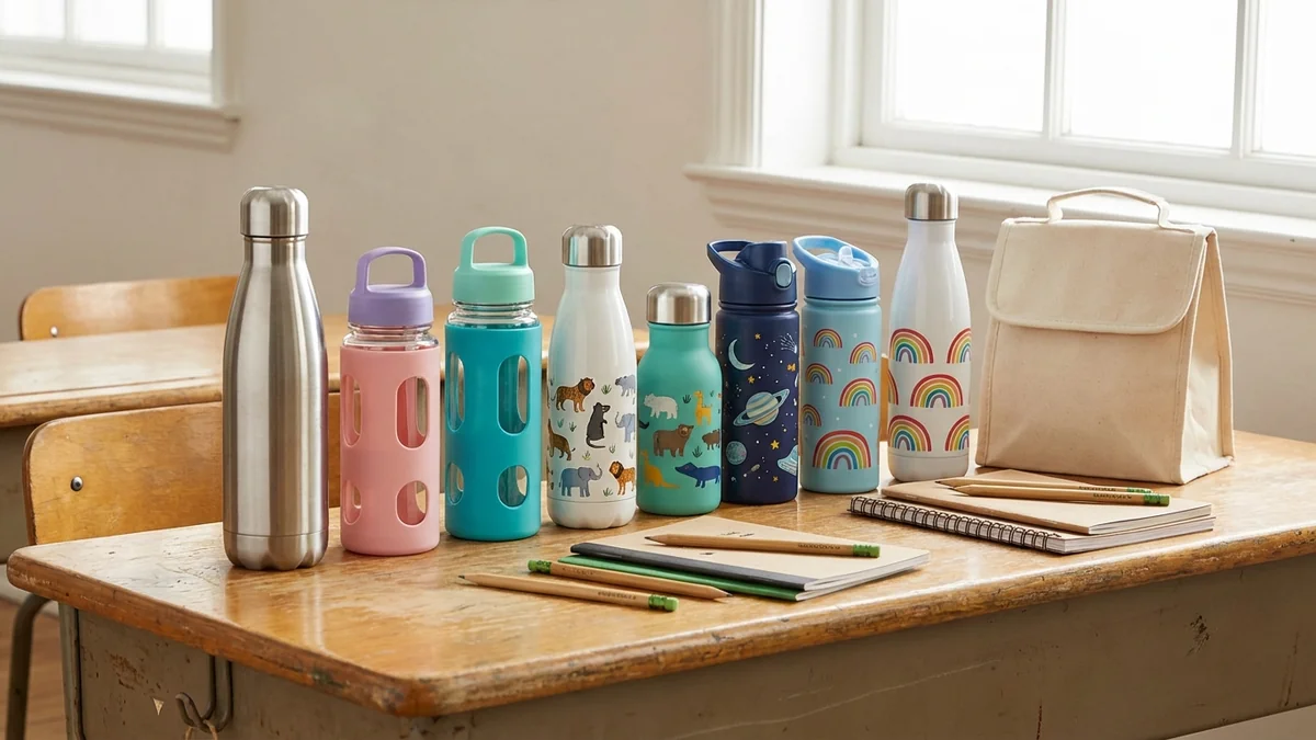 Wiederverwendbare Trinkflaschen auf Schulbank