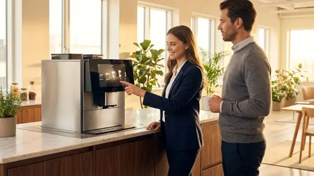 Moderne Büro-Kaffeemaschine mit Mitarbeitern bei der Kaffeepause