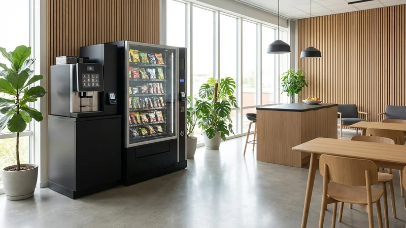 Moderne Kaffee- und Snackautomaten mit verschiedenen Bezahloptionen in einem Büro-Pausenraum