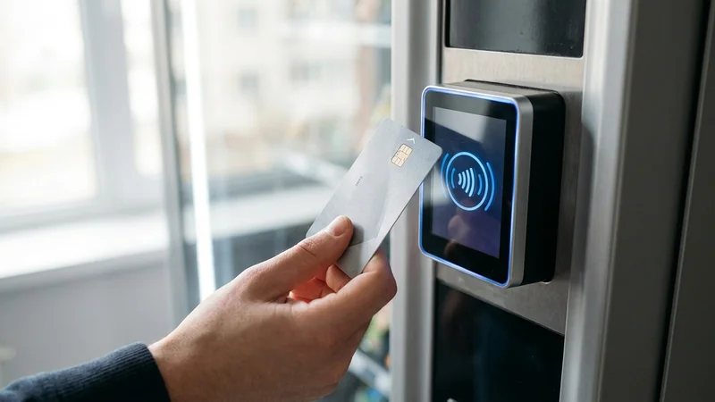 Kontaktlose Kartenzahlung am Automaten – Bankkarte wird an NFC-Terminal gehalten