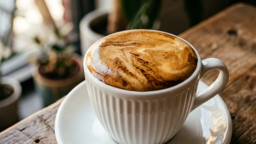 Espresso mit perfekter haselnussbrauner Crema in weißer Tasse