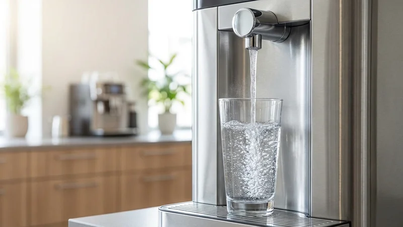 Festwasserspender mit sichtbarem Filtersystem und frisch gefiltertem Wasser