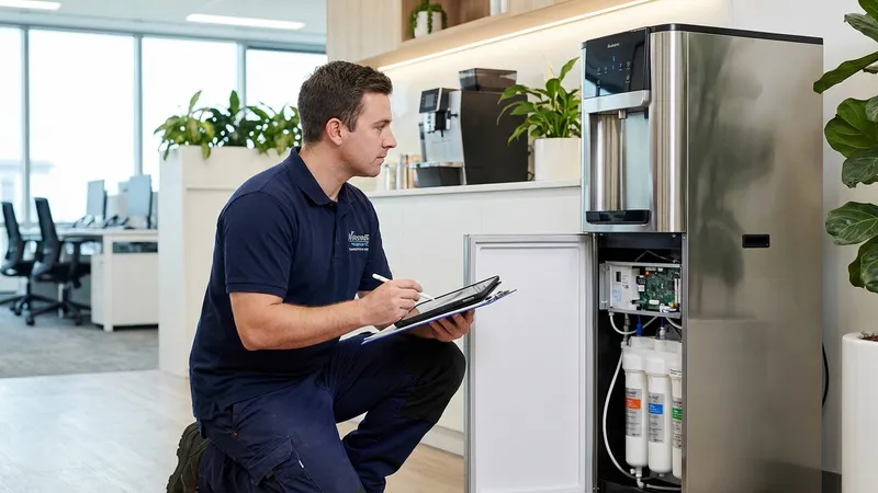 Servicetechniker bei der professionellen Wasserspender-Wartung