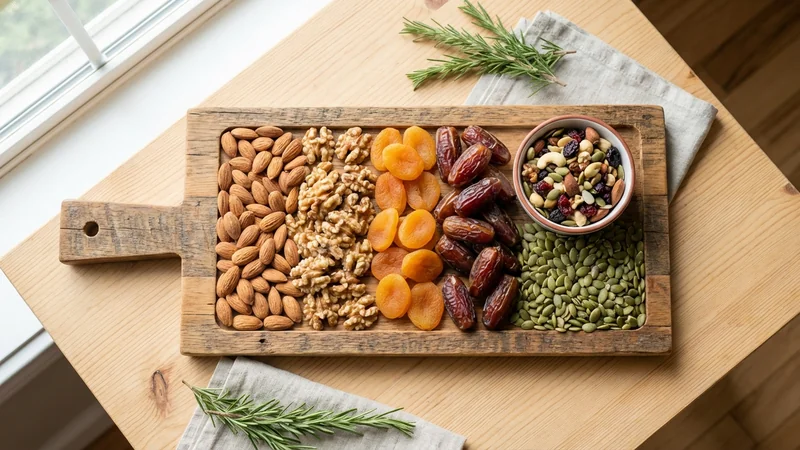 Gesunde Snacks: Nüsse, Trockenfrüchte und Kerne auf einem Holzbrett