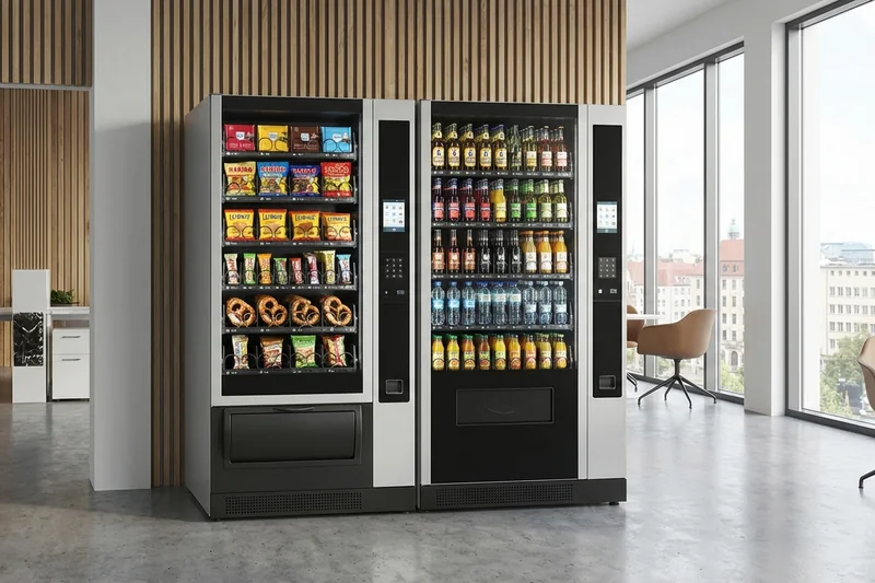 Zwei moderne Automaten nebeneinander: Snackautomat und Getränkeautomat im Büro