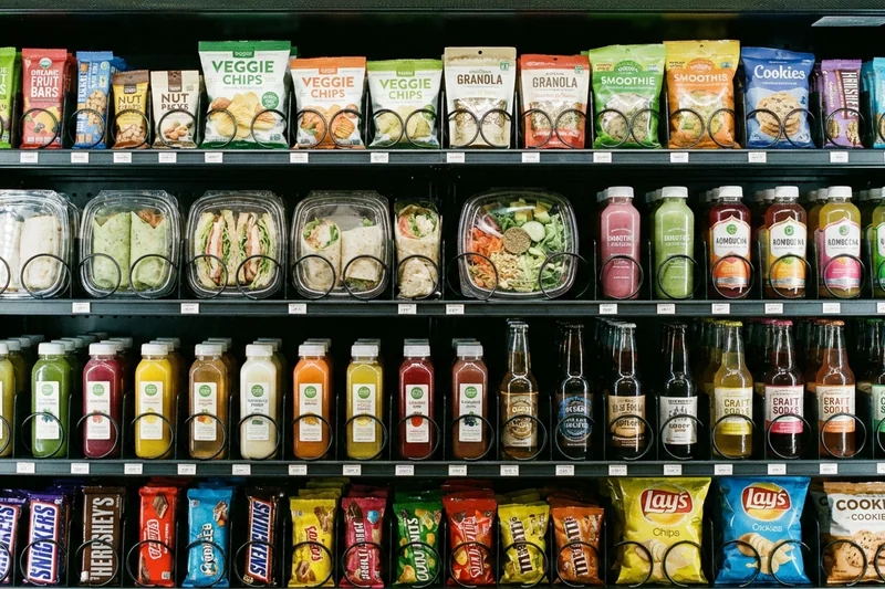 Gut bestückter Automat mit vielfältigem Sortiment: Snacks, Sandwiches und Getränke