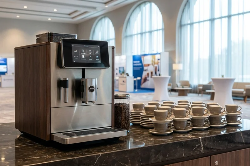 Professioneller Kaffeevollautomat auf einer Business-Konferenz mit elegant arrangierten Tassen