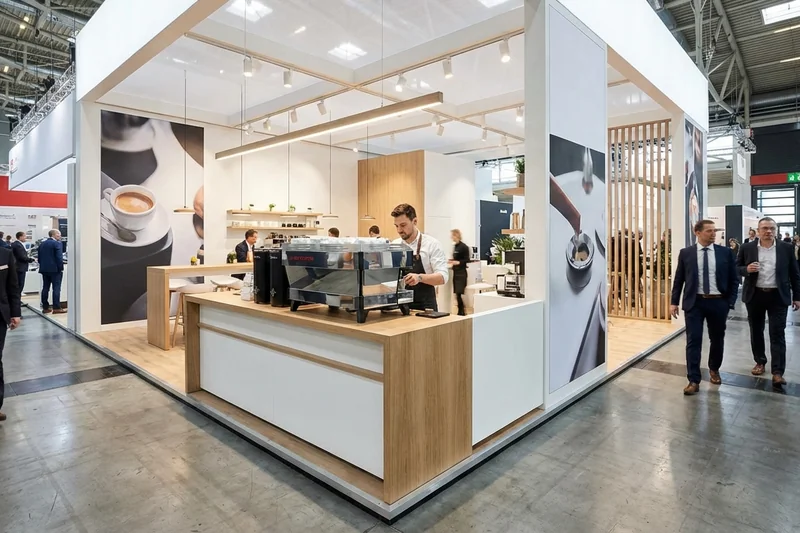 Moderner Messestand mit prominenter Kaffeemaschine und vorbeigehenden Besuchern