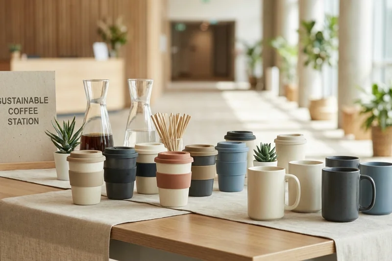 Nachhaltige Mehrwegbecher und Porzellantassen auf einem Event-Tisch