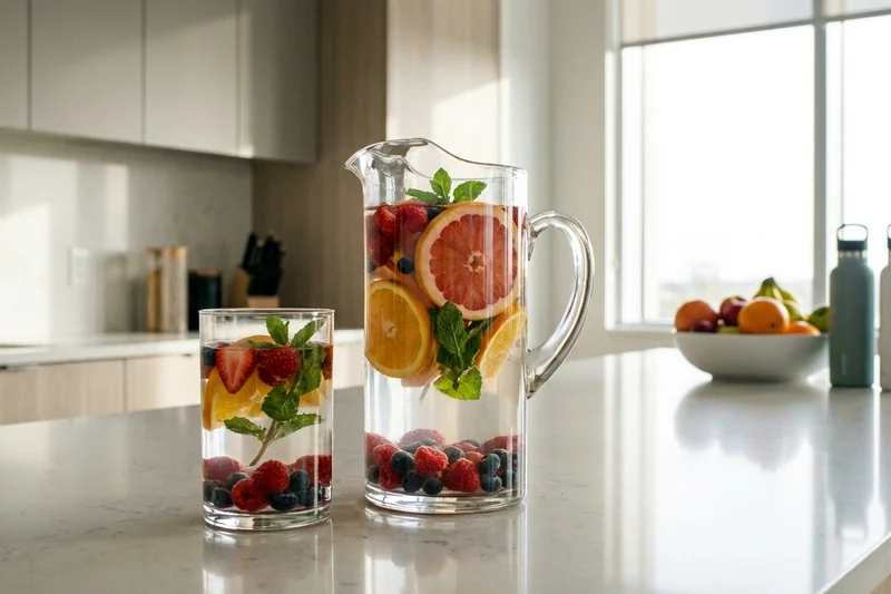 Glaskaraffe mit erfrischendem Infused Water und Früchten in moderner Büroküche