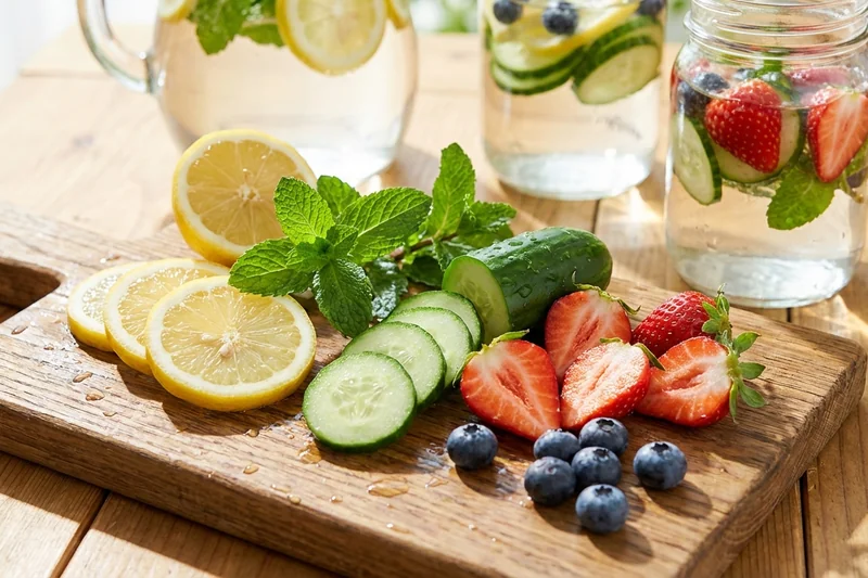 Frische Zutaten für Infused Water: Zitronen, Gurken, Minze und Beeren auf einem Schneidebrett