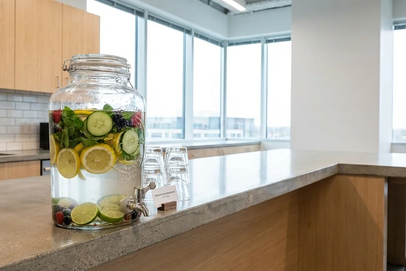 Großer Glasspender mit Zapfhahn und Infused Water in einer modernen Büroküche
