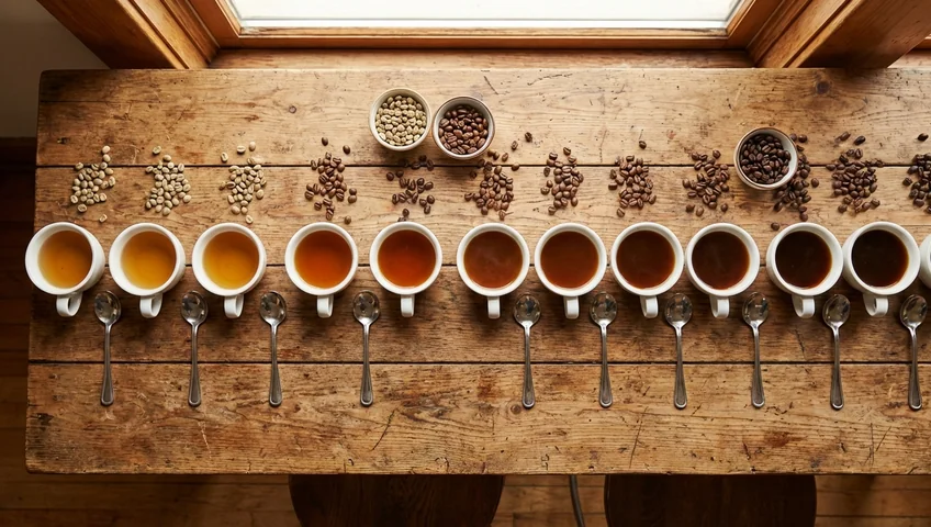 Kaffee-Cupping Verkostung mit verschiedenen Röstungen auf Holztisch