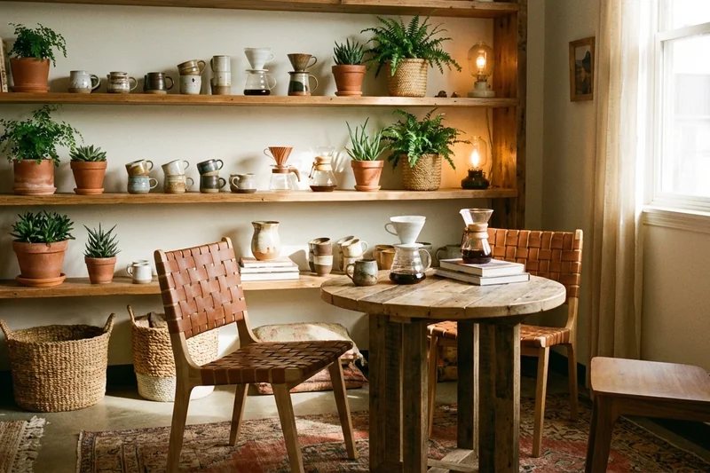 Gemütliche Kaffee-Ecke mit warmer Beleuchtung, Pflanzen und einladender Sitzgelegenheit