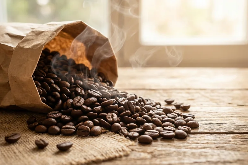 Frisch geröstete Kaffeebohnen aus einer Kraftpapiertüte – Qualität und Frische