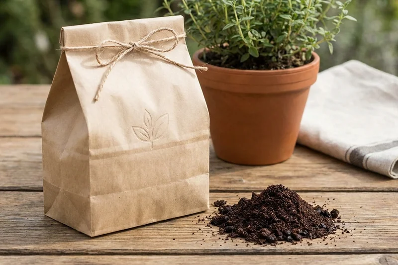 Nachhaltige Kaffeebohnen im Papierbeutel neben kompostierbarem Kaffeesatz