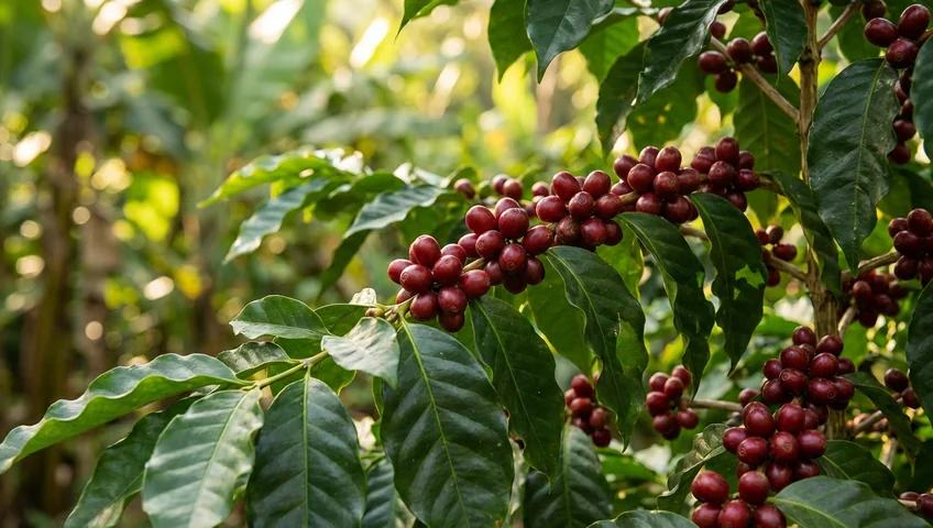 Reife rote Kaffeekirschen an einem grünen Ast einer Kaffeepflanze