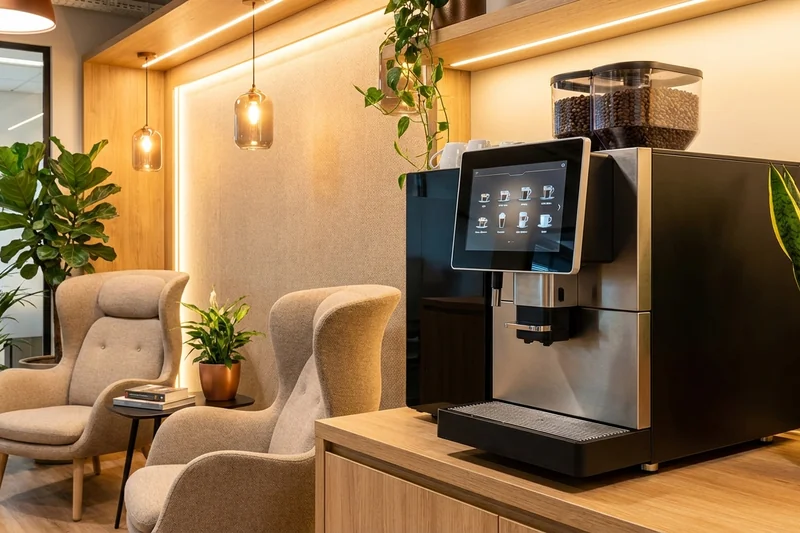 Kollegen treffen sich zum informellen Austausch an der Kaffeemaschine