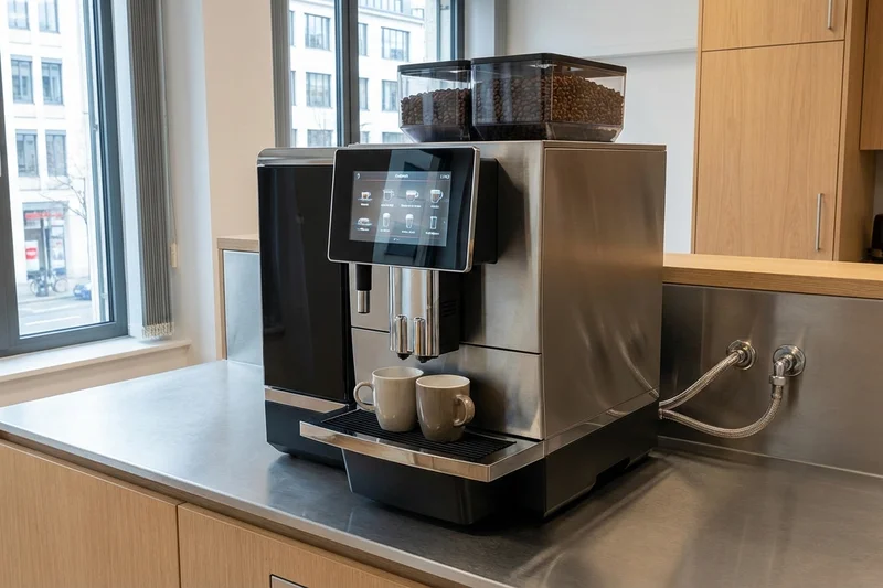 Professioneller Kaffeevollautomat mit Festwasseranschluss in der Büroküche