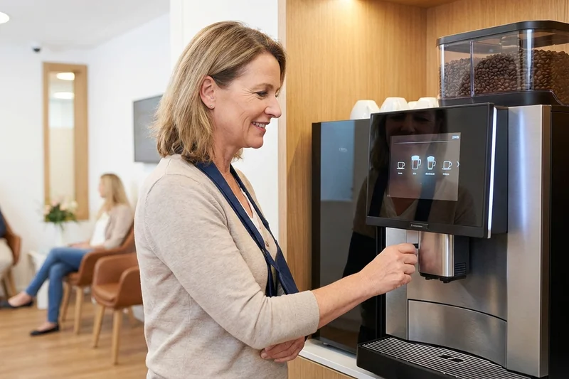 Patient bedient intuitiv den Kaffeevollautomaten im Wartebereich