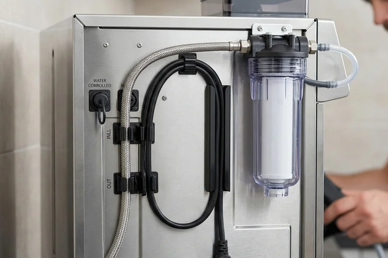 Detailansicht der Wasseranschlüsse hinter der Kaffeemaschine