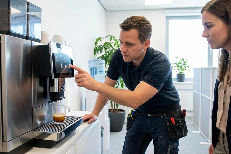 Techniker bei der Inbetriebnahme des Kaffeevollautomaten