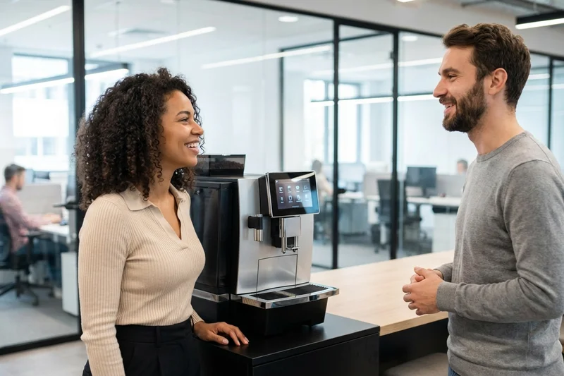 Coworker im Gespräch an der Kaffeemaschine