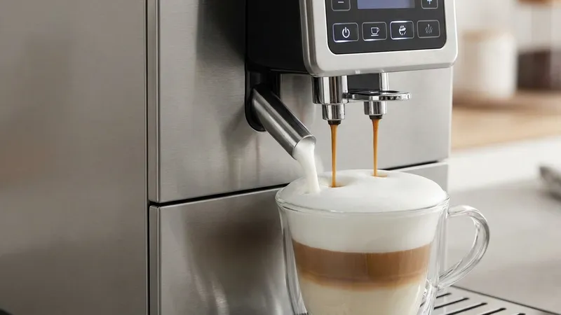 Cremiger Mikroschaum wird aus automatischem Milchsystem in Glas dispensiert