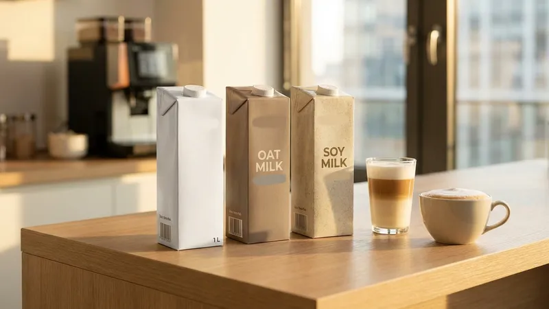 Verschiedene Milchsorten für Kaffee: Kuhmilch, Hafermilch und Sojamilch