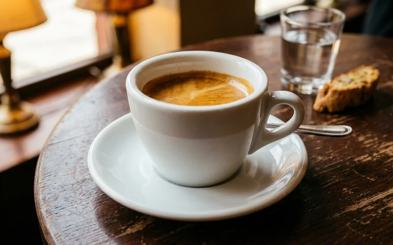 Perfekter Espresso mit goldbrauner Crema in klassischer weißer Tasse