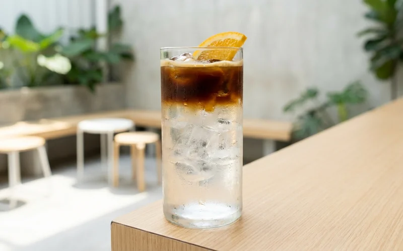 Espresso Tonic im hohen Glas mit Eiswürfeln und charakteristischer Schichtung