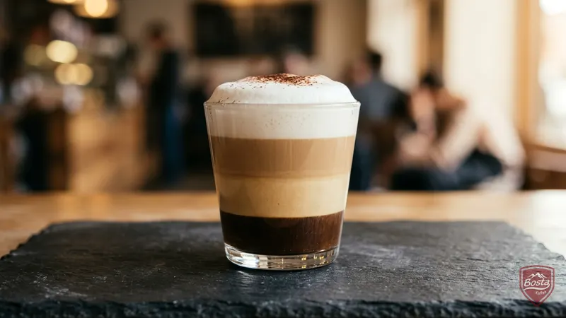 Cappuccino im Glas mit sichtbaren Schichten und Schaumkrone