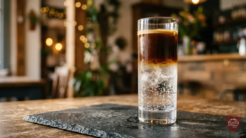 Espresso Tonic im hohen Glas mit Eiswürfeln und Schichtung