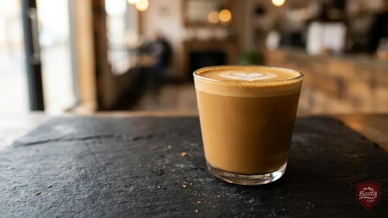 Flat White im Glas mit seidigem Mikroschaum