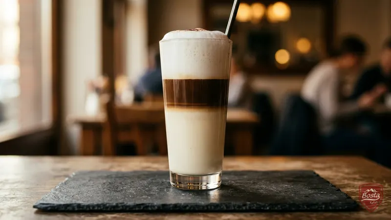 Latte Macchiato im Glas mit drei sichtbaren Schichten
