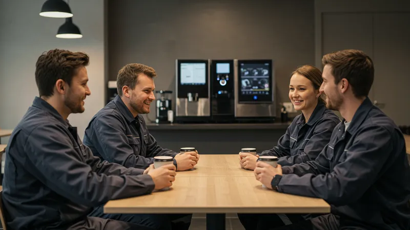Mitarbeiter genießen Kaffeepause in der Industriekantine