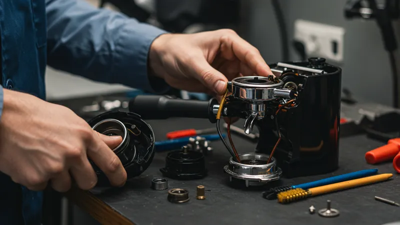 Techniker repariert Brühgruppe eines Kaffeevollautomaten