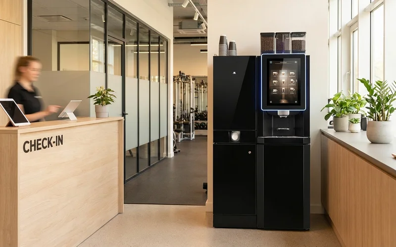 Kaffeemaschine im Empfangsbereich eines modernen Fitnessstudios