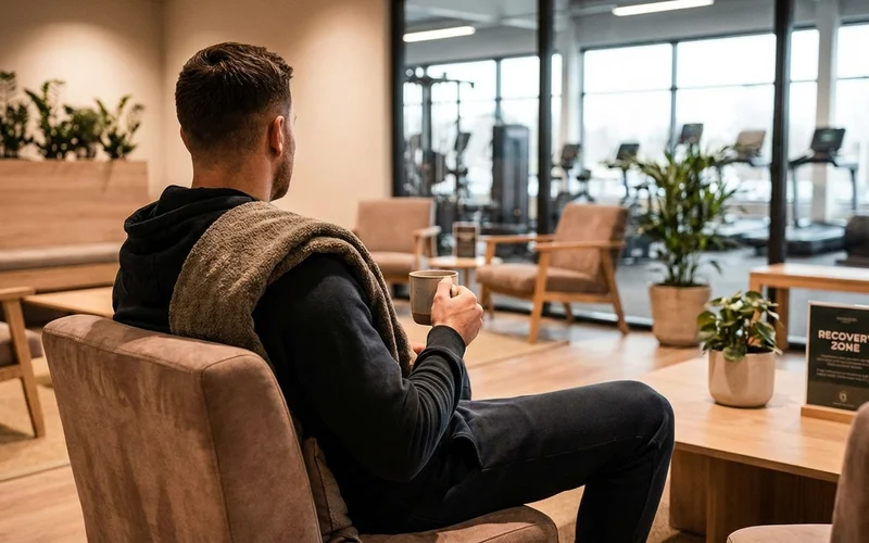 Sportler genießt entspannt Kaffee nach dem Training im Gym-Loungebereich