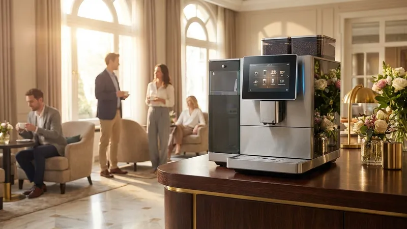 Moderner Kaffeevollautomat im Frühstücksbereich einer Hotellobby