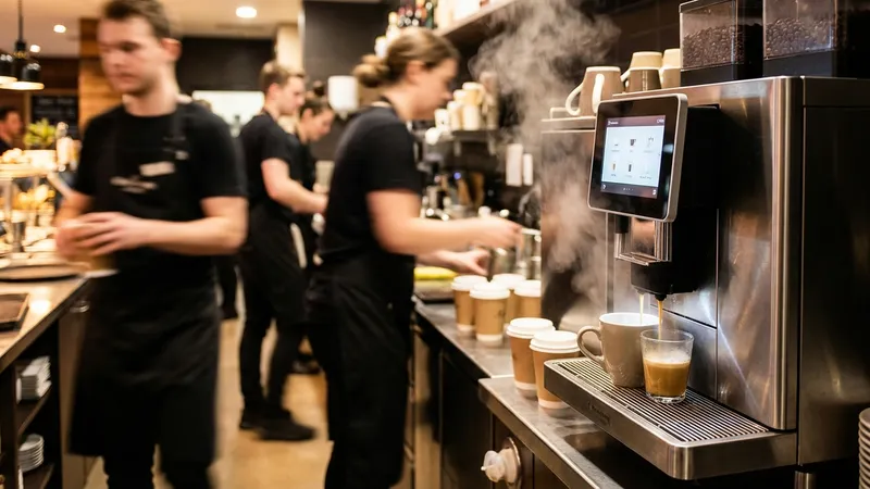 Kaffeevollautomat während Stoßzeit im Restaurant-Service