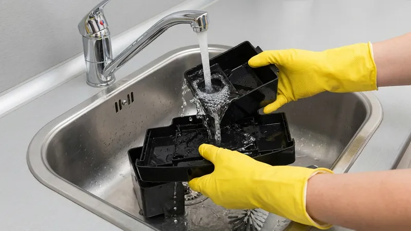 Tropfschale und Tresterbehälter werden im Spülbecken gereinigt