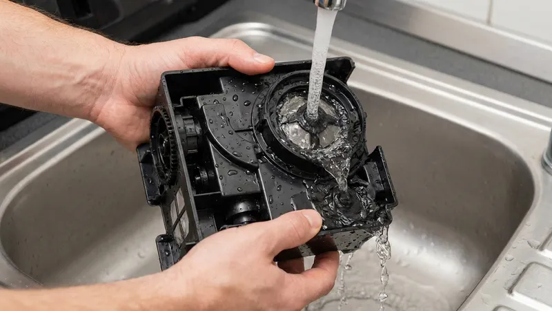 Entnehmbare Brühgruppe wird unter fließendem Wasser gereinigt