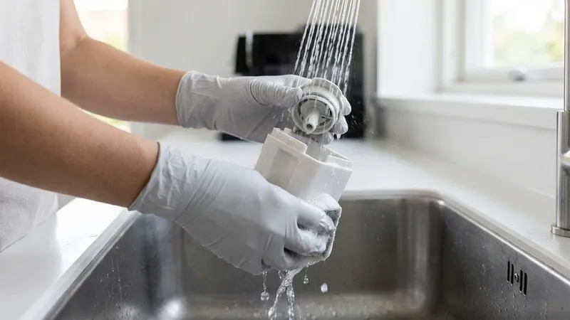 Milchbehälter eines Kaffeevollautomaten wird im Spülbecken gereinigt