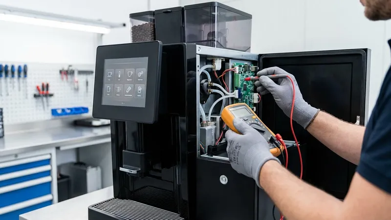 Techniker bei der Diagnose eines Kaffeevollautomaten