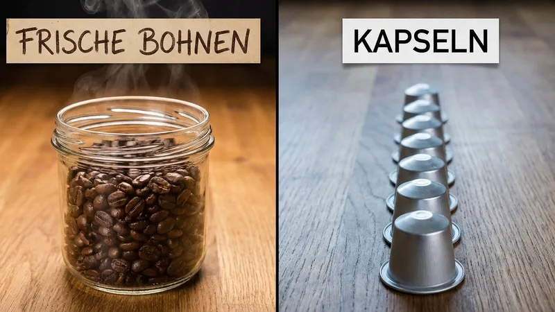 Vergleich frische Kaffeebohnen und Kaffeekapseln