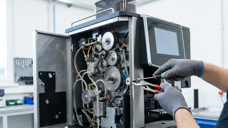 Techniker führt professionelle Wartung am Kaffeevollautomaten durch